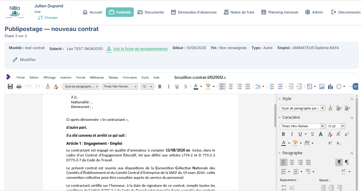 Publipostage de contrats NOA